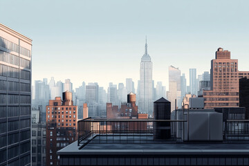 Fototapeta premium Rooftop view of a city skyline featuring tall buildings water towers and a famous skyscraper