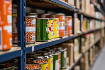 Storage shelves in a Trussell Trust local church food bank warehouse showing tins of baked beans and soup ready for food parcels