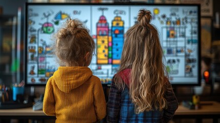 Two Children Watching a Large Display Screen