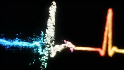 Rainbow ECG-like line tracing, with jagged edges, on a dark background - Powered by Adobe