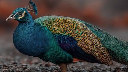 Obraz premium Realistic Photography of Peacock with Blue, Green, and Yellow Plumage on Ground: Natural Wildlife Art Display for Nature Education, Conservation Campaigns, and Artistic Decoration, Showcasing Vibrant 