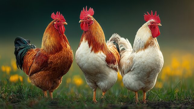 Rooster and two hens on spring grass with blurred green background and sunlight. Vibrant rural style ideal for agricultural education, nature-themed designs, digital backgrounds, or wallpapers, ecolog