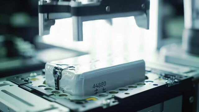 robotic arms that precisely assemble EV battery cells. high-tech factory