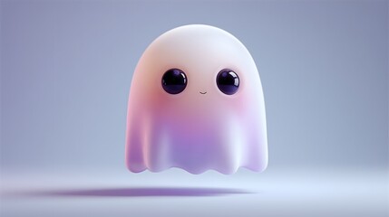 Cute 3D Cartoon Ghost with Big Eyes and Soft Gradient Body Floating on Light Background