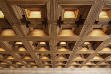 Obraz premium Intricate wooden ceiling with recessed lighting, creating a geometric, tessellated pattern of warm light and shadow