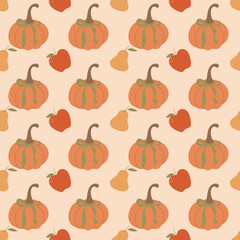  Autumn background for Thanksgiving. Vector colorful autumn seamless pattern with orange pumpkin and cute bow, apples and pears. Cute autumn print. Suitable for wrapping, gift paper, textile design.
