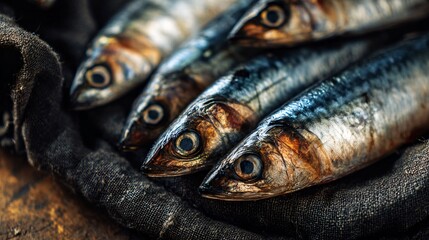 Close up sardine scene with dark accents: black linen, stoneware details, warm undertones