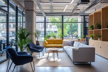 Fototapeta premium A large wooden table with many chairs around it is in a room with lots of plants. Coworking space in office room interior with furniture and window.