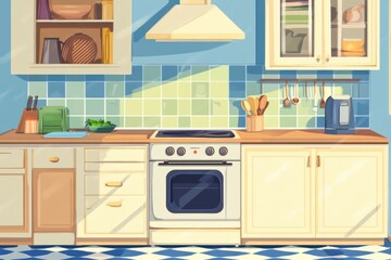 A cartoon kitchen with a stove, oven, and sink. Cozy home kitchen interior with wash basin and stove empty space.