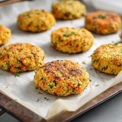 Fototapeta premium Delicious vegan veggie burgers recipe healthy homemade patties on baking sheet for meal prep ideas