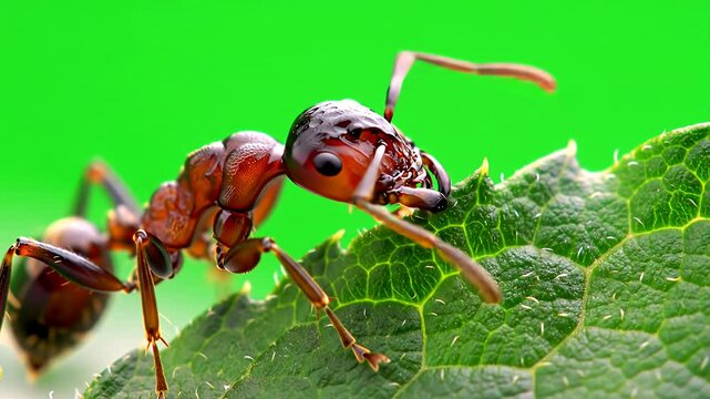 Red ant on a leaf, detailed macro shot, green backdrop
