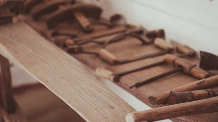 Ancient wooden tools used in traditional craftsmanship and rural life