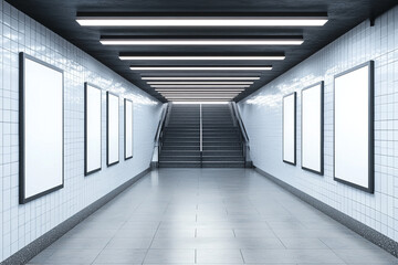 Subway station hallway with blank advertising posters and stairs