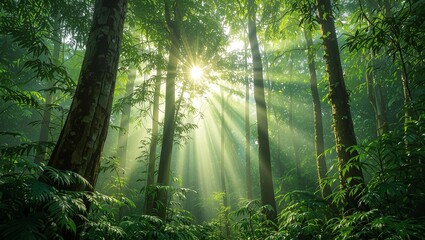 A low-angle view of lush rainforest trees with sunlight filtering through, showcasing vibrant green foliage and the beauty of nature.