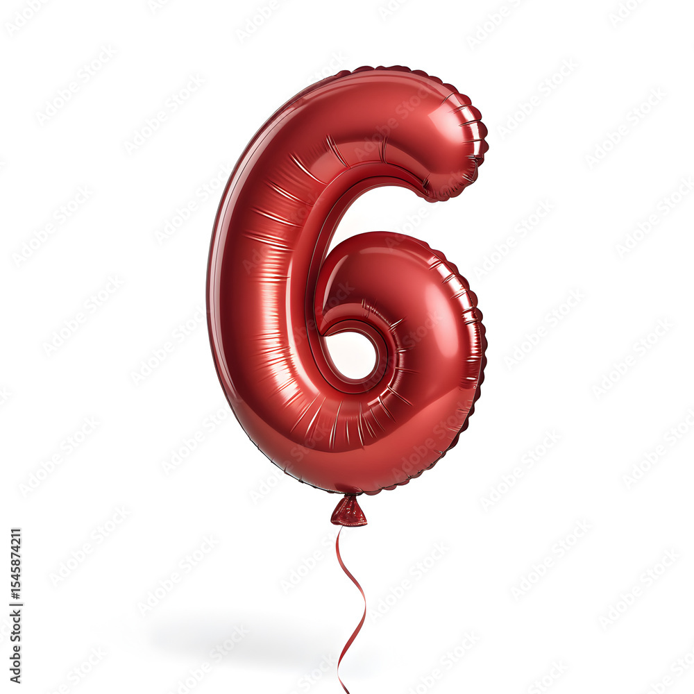 Fototapete A balloon shaped like the number 6,glossy red metallic finish with realistic reflections and smooth texture.