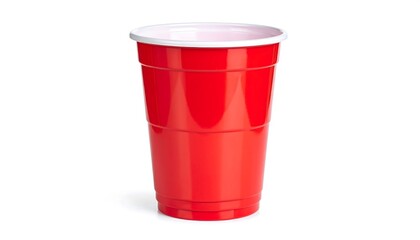 Red plastic cup isolated on white background.