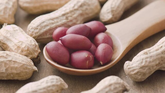 Wooden spoon of fresh peanuts. Macro shot