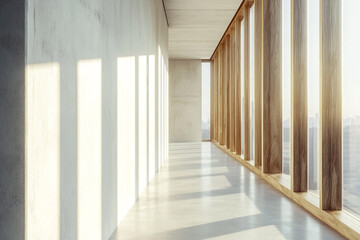 Fototapeta premium Sunlit modern hallway with concrete walls and wood framed windows city view