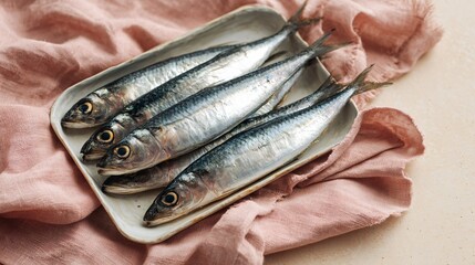 Fresh sardines on off-white tray, rose-tinted linen, soft beige background, warm pastel minimalist style