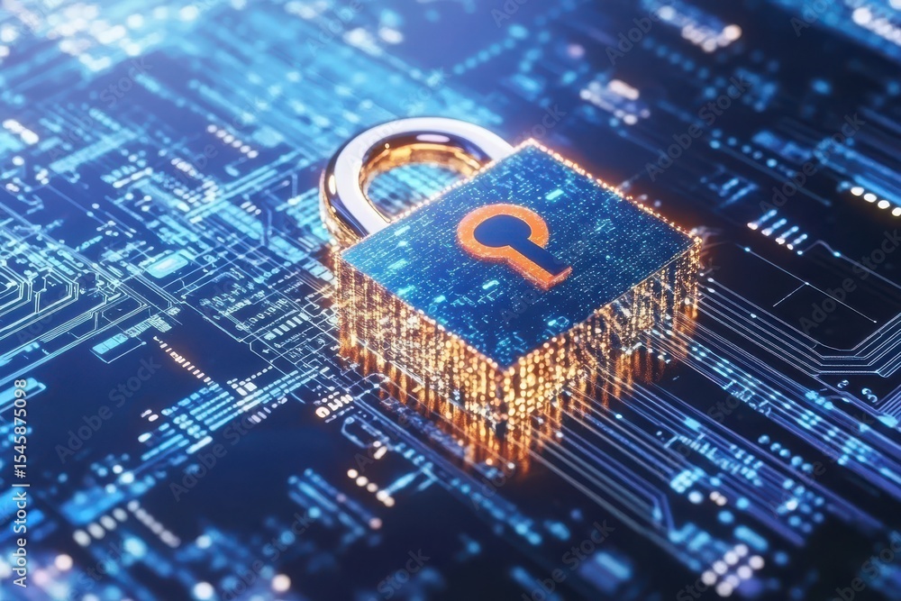 Poster a computer chip with a key. the key is orange and the chip is blue. cyber security concept with padl