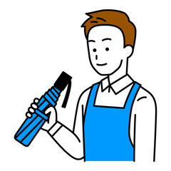 折り畳み傘を持つエプロン姿の男性