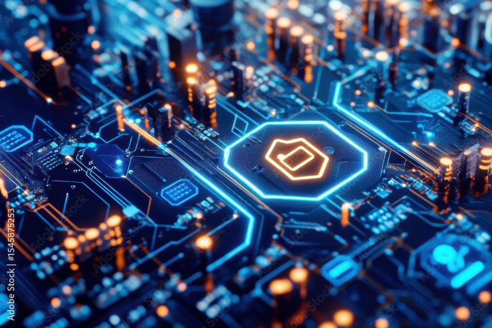 Poster a computer chip with a blue and orange design. cybersecurity interface with lock and shield icons on