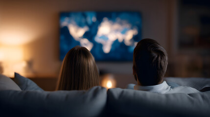 Cozy Evening: Couple Watching TV: A warm, inviting scene of a couple relaxing together on a sofa, watching television, enjoying a cozy evening in their comfortable home.