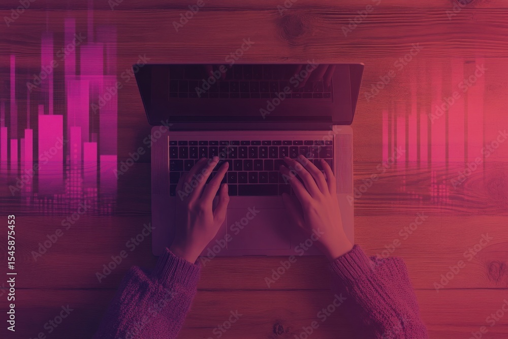 Poster a person is typing on a laptop with a keyboard. cybersecurity visualization with locks personal data