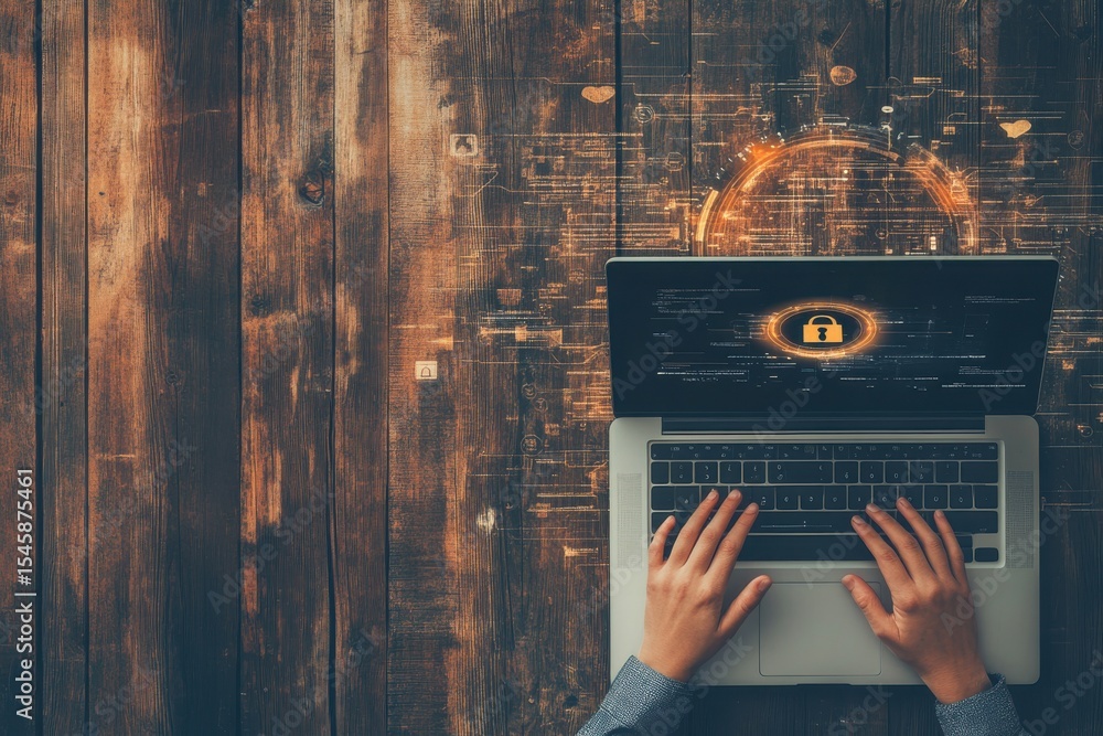 Poster a person is typing on a laptop with a keyboard. cybersecurity visualization with locks personal data