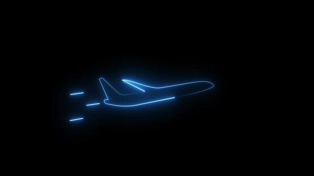 Glowing neon plane sign icon animation. Airplane flight neon sign.  Personal airplane, private jet, air journey and transportation, flight.