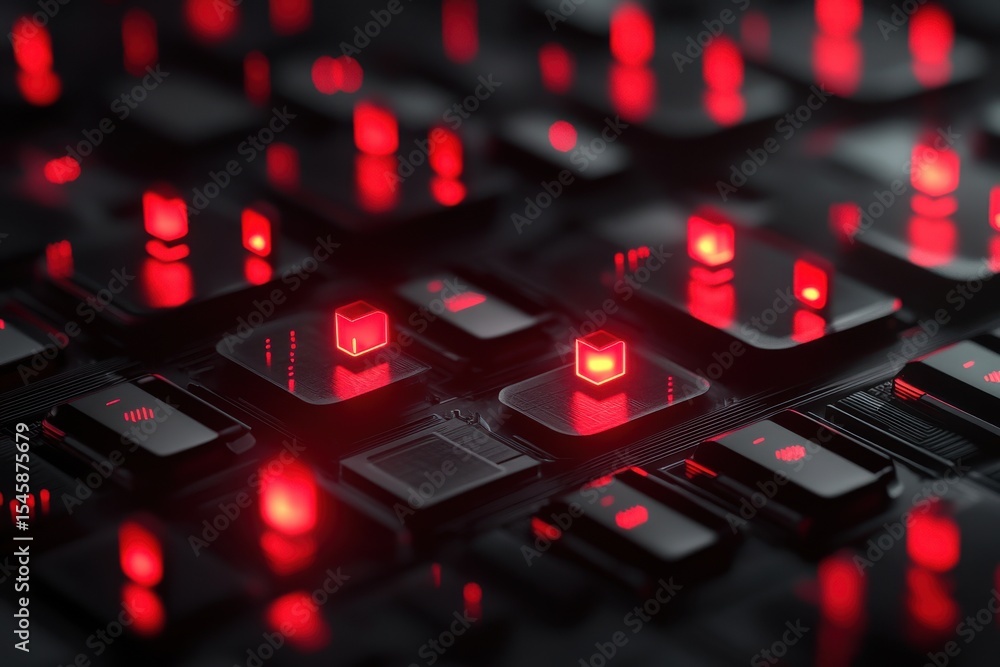 Poster a close up of a computer keyboard with red lights on the keys. cybersecurity warning interface with 
