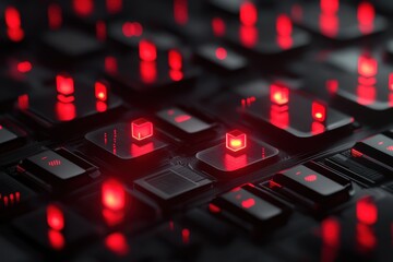 A close up of a computer keyboard with red lights on the keys. Cybersecurity warning interface with red alert symbols on digital identity screens.
