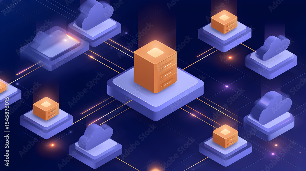 Poster digital network connectivity: an isometric illustration captures a network of interconnected cloud s