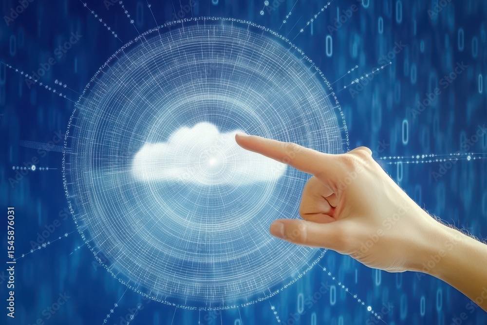 Poster a hand pointing at a cloud in the sky. data security concept with a hand interacting with a cloud-sh