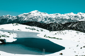 lake in snow covered mountains