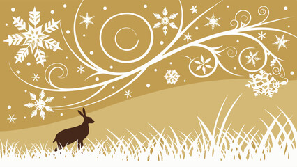 Winter landscape illustration featuring a silhouette of a hare amidst swirling snowflakes and decorative elements on a golden background, evoking a festive atmosphere and seasonal charm