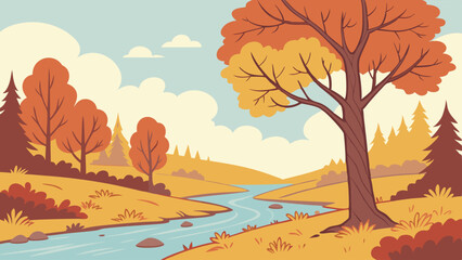 Colorful autumn landscape illustration featuring vibrant trees with orange and yellow leaves, a winding river, and a serene sky, capturing the essence of fall in nature's beauty
