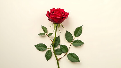 A single beautiful red rose with vibrant petals, delicate green leaves, cinematic lighting, 8k, hyperrealistic, photographic quality