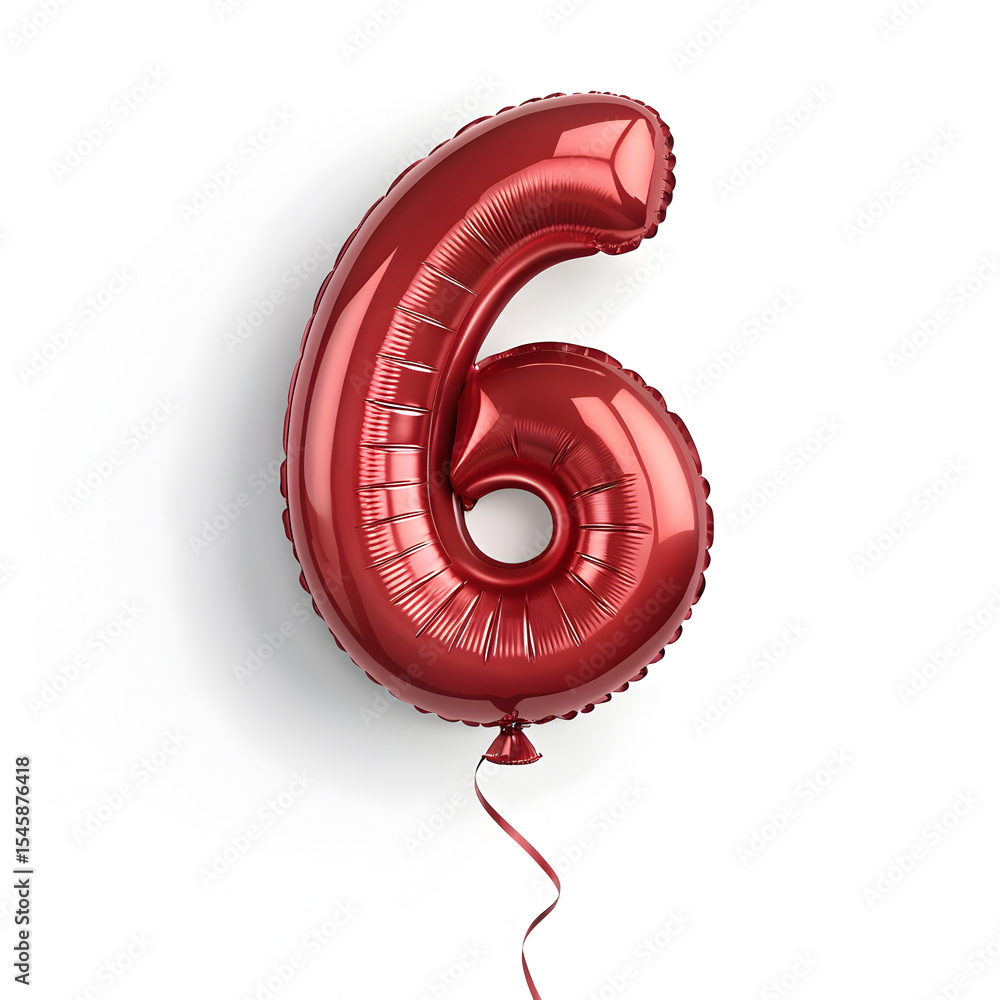 Fototapete A balloon shaped like the number 6,glossy red metallic finish with realistic reflections and smooth texture.