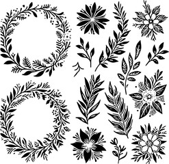 botanical icons and floral patterns with wreaths and branches in black and white
