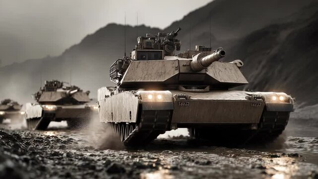 Armored Convoy: Three M1 Abrams Tanks Maneuvering Through Muddy Terrain in a Military Exercise, Sepia Toned, Dramatic Lighting