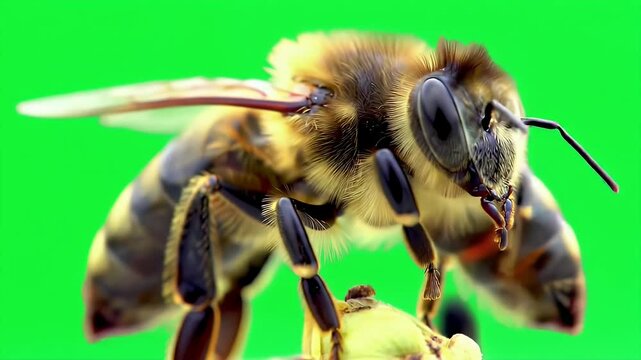 Macro Shot of a Bee Performing Waggle Dance Isolated by Green Screen for Compositing Perfect for Nature Concept and Pollination Education Detailed View