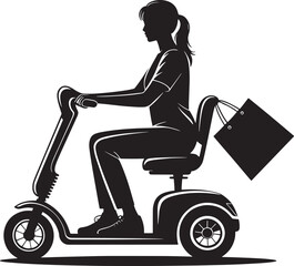 Black silhouette vector of a person riding a mobility scooter holding a shopping bag and walking cane on a white background