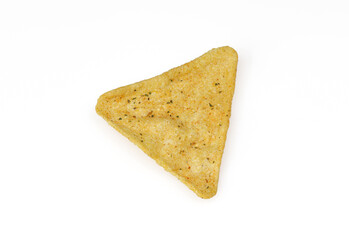 Single triangle shaped tortilla corn chip isolated on white background