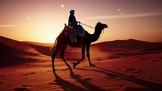 Pixelated Camel Ride at Sunset Through Desert Landscape Adventure for Digital Art