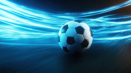 Naklejka premium Dynamic soccer ball with futuristic blue energy trails visual concept