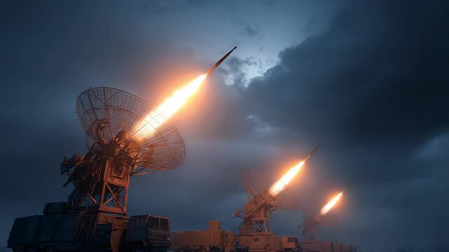 Mobile Missile Defense System Launching Missiles Against Stormy Sky, Military Technology and Modern Warfare Concept, Dark and Dramatic.