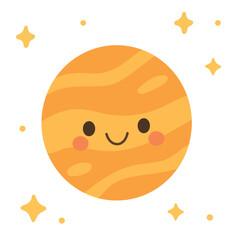 Bright orange Jupiter with striped texture and a happy face, great for science education tools, planetary graphics, or solar system decor for children.