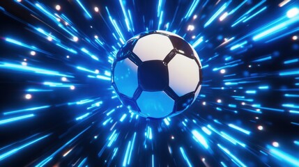 Futuristic stylized soccer ball speeding through glowing neon space tunnels