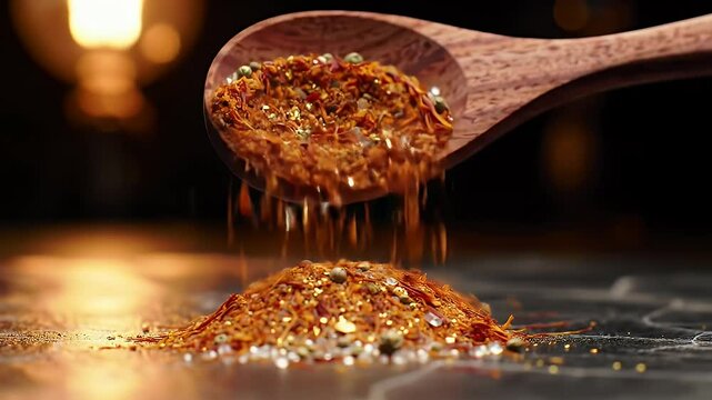 Pouring Chili Flakes and Salt From Wooden Spoon on Dark Marble Surface
